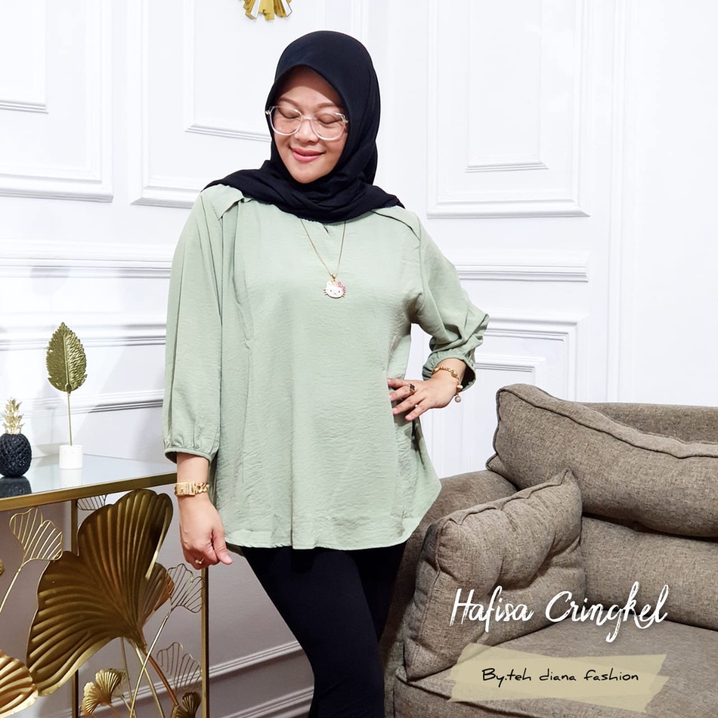 Atasan Wanita Jumbo / Baju Atasan Wanita Jumbo / Blouse Wanita Jumbo Import Hafisa Crinkle Polos Import Ld 124-New Green
