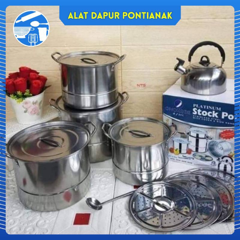 GS 555 Saito Panci Onokabe Stockpot Jumbo Stainless Steel + Steamer Panci set 14 PCS Dandang + Teko