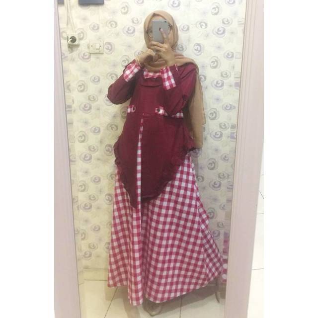 Gamis dress cantik lucu extu keren motif kotak kombinasi original real pict