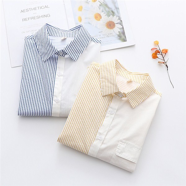 Two Tones Pocket Shirt | kemeja reworked biru muda pastel putih tangan panjang garis kuning