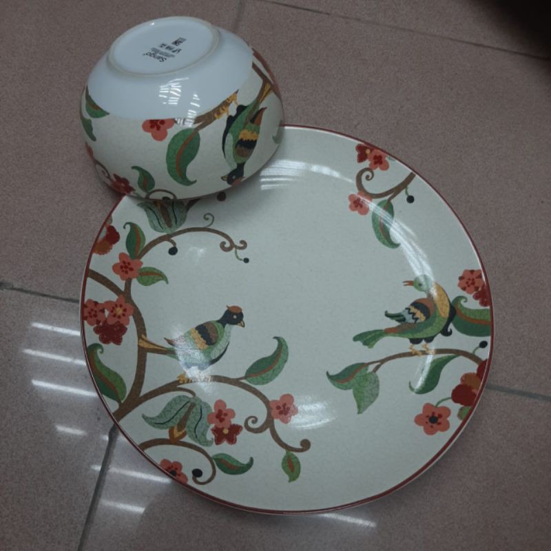 [SET] BIRDY DINNER PLATE N BOWL PIRING DAN MANGKOK KERAMIK SANGO MOTIF BURUNG ANTIK KLASIK JADUL