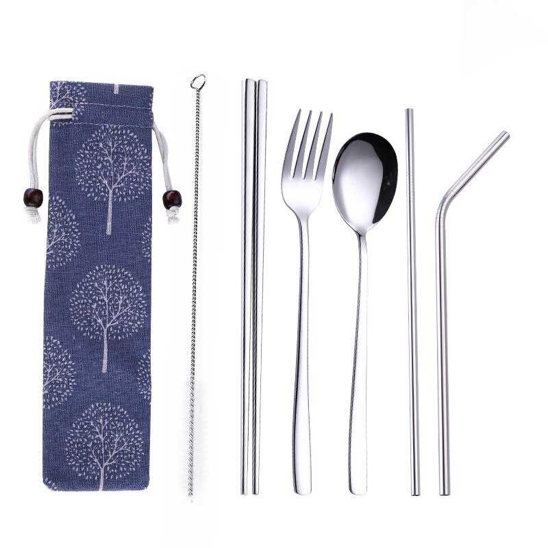 Best Seller ! Tofok Cutlery Set Perlengkapan Makan Sendok Garpu Blue Cloth Bag - T10