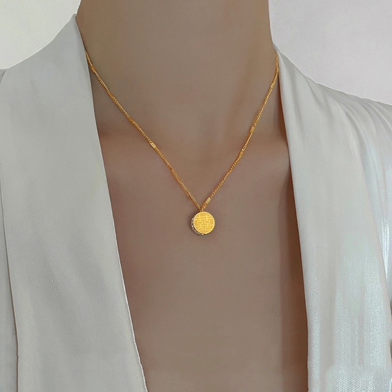 Kalung Titanium Asli Wanita 18k Emas Anti Karat Cina “FU” Liontin Aksesoris wanita Necklace grosir