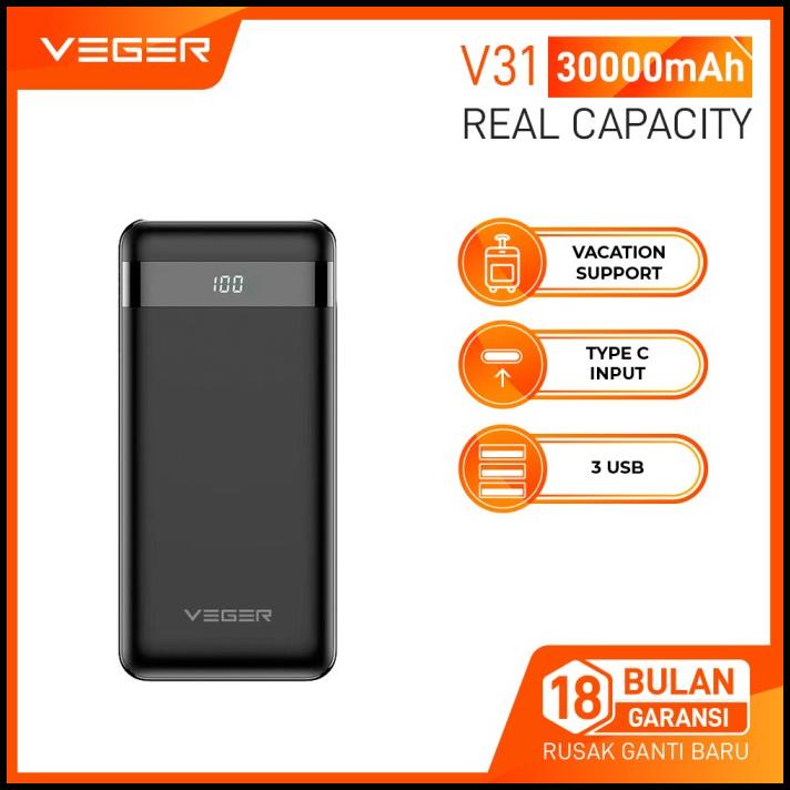 Veger Powerbank V31 30000Mah 3 Usb Output 2.4A Led Digital Display