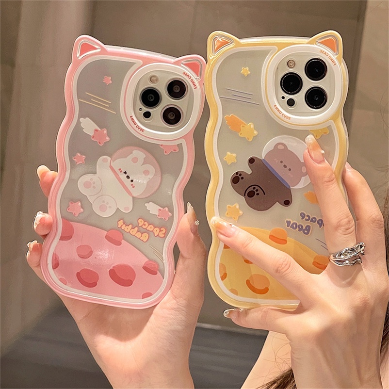 Casing Soft case Compatible for iPhone 14 13 12 11 Pro Max X Xr Xs Max SE 2020 8 7 6 6s Plus Bahan Kulit Strawberry Bear Bunny Soft Phone Case All-inclusive Camera bumper Anti-fall shockproof Soft Case Transparent Cat Ears Protective Cover