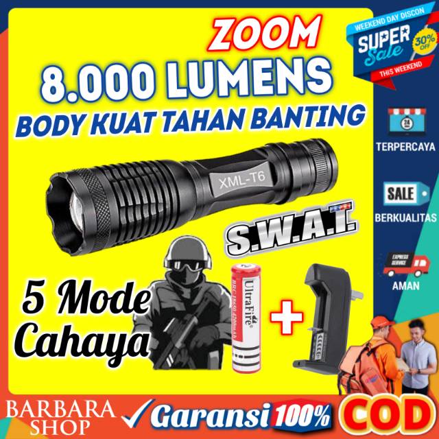 Senter Led Super Terang Senter Tactical XM-L T6 8000 Lumens Zoom Senter Swat Police Jarak Jauh