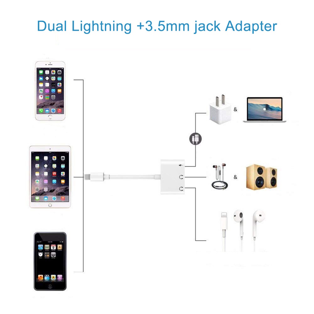 FEINODI Daul Light-ning To 3.5mm Adapter 3in1 Converter i-Phone Splitter SUPPORT MIC Sambungan Audio + Charger