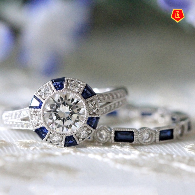 [Ready Stock]Fashion Simple Blue Topaz Square Diamond Ring Set