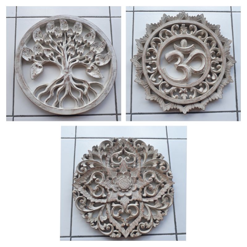 Hiasan dinding kayu relief ukiran Bali frame bundar diameter 30 cm Home decoration
