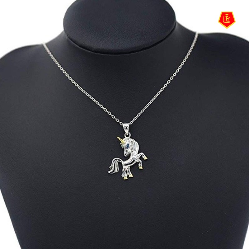 [Ready Stock]Unicorn Two-Tone Pendant Necklace Women European And American Fashion Diamond