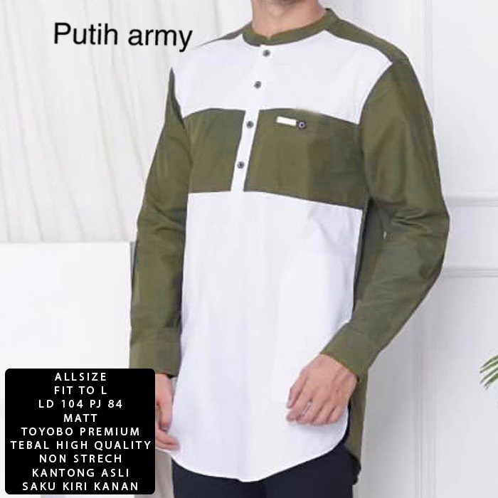 PAKAIAN MUSLIM PRIA BAJU KOKO WARNA WHITE PUTIH KOMBINASI ARMY BAHAN TOYOBO PREMIUM ORI GOOD QUALITY