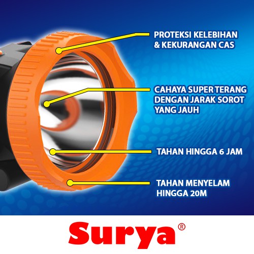 Surya Senter Kepala Selam LED Super Terang Lithium SYH K105R LAMPU PUTIH 10 Watt Super LED Recharge