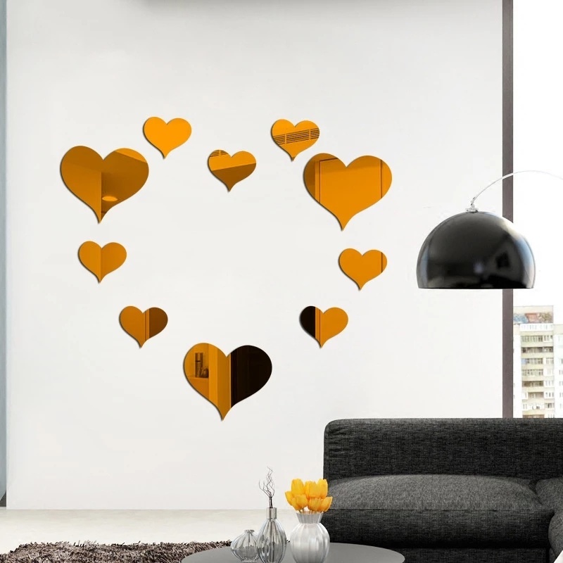 10pcs / Set Stiker Dinding Decal Desain Love Heart Dengan Efek Cermin, Dapat Dicopot