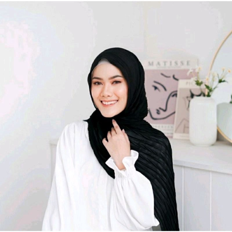 PASHMINA PLISKET PADI ZIGZAG CERUTY (COD)-Hitam