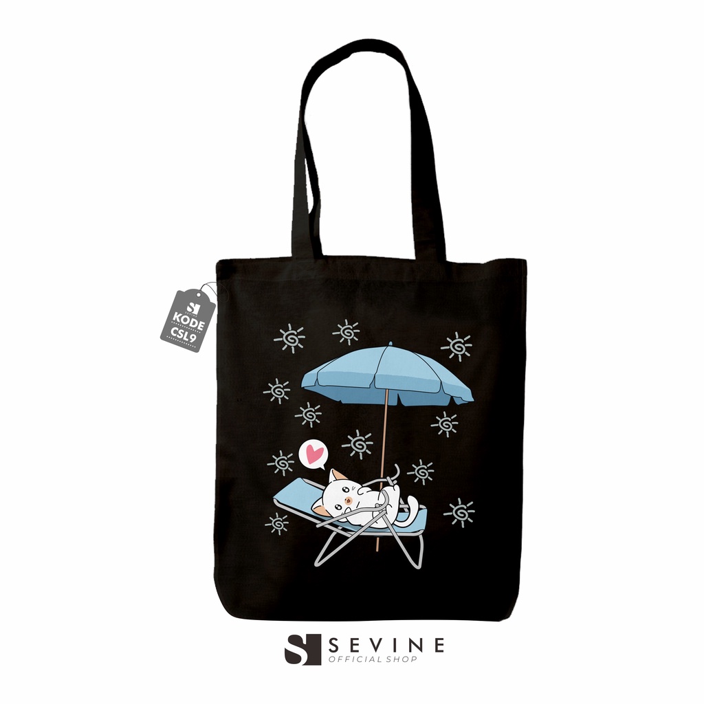 Sevine Totebag Tas Wanita Tote Bag Resleting Cetak Cute Cat Black Series - CSL9