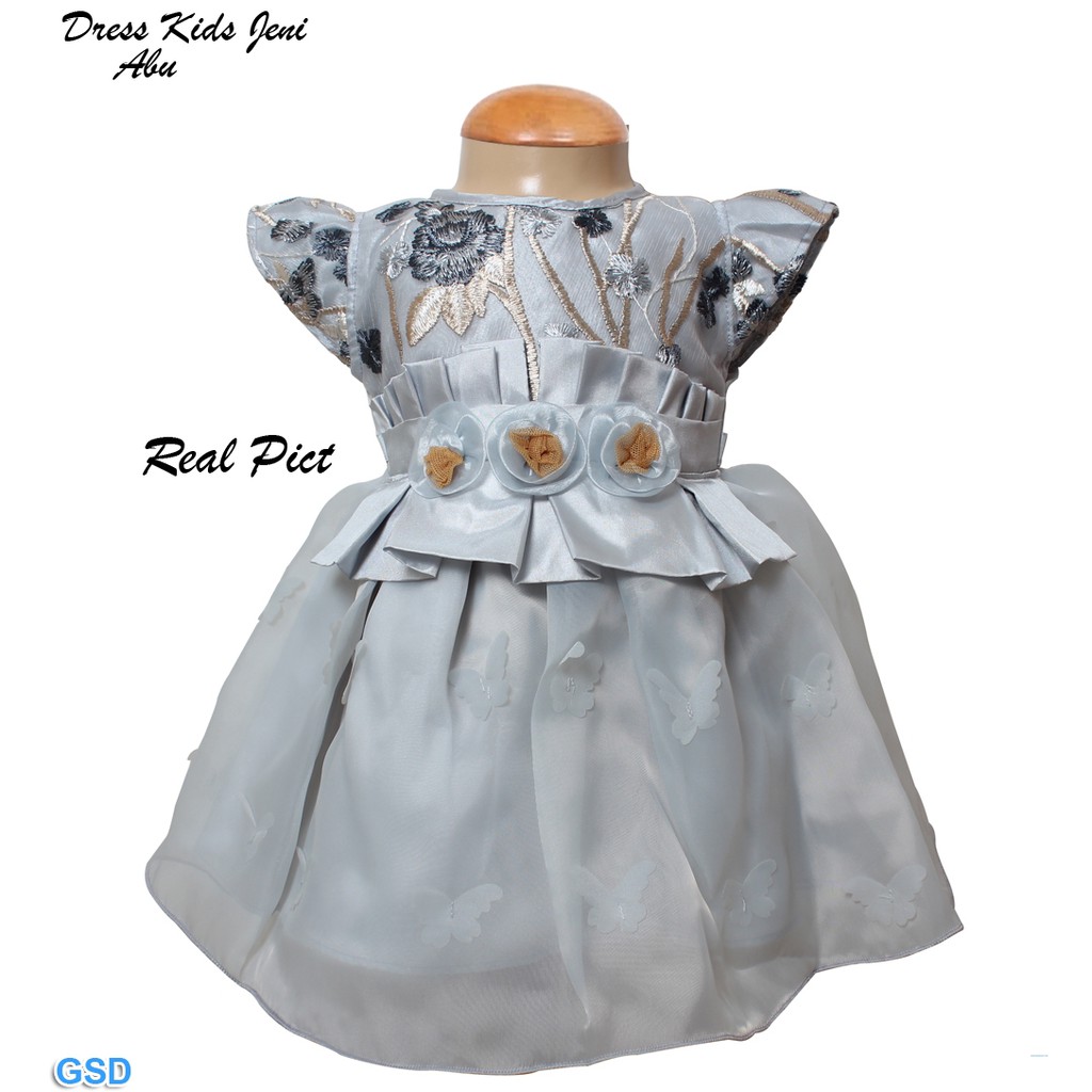 Dress Kids Jeni ABU/Pakaian Anak Modern/Baju Anak  Bayi Brukat Organza/Baju Pesta Anak Realpict/ Brukat