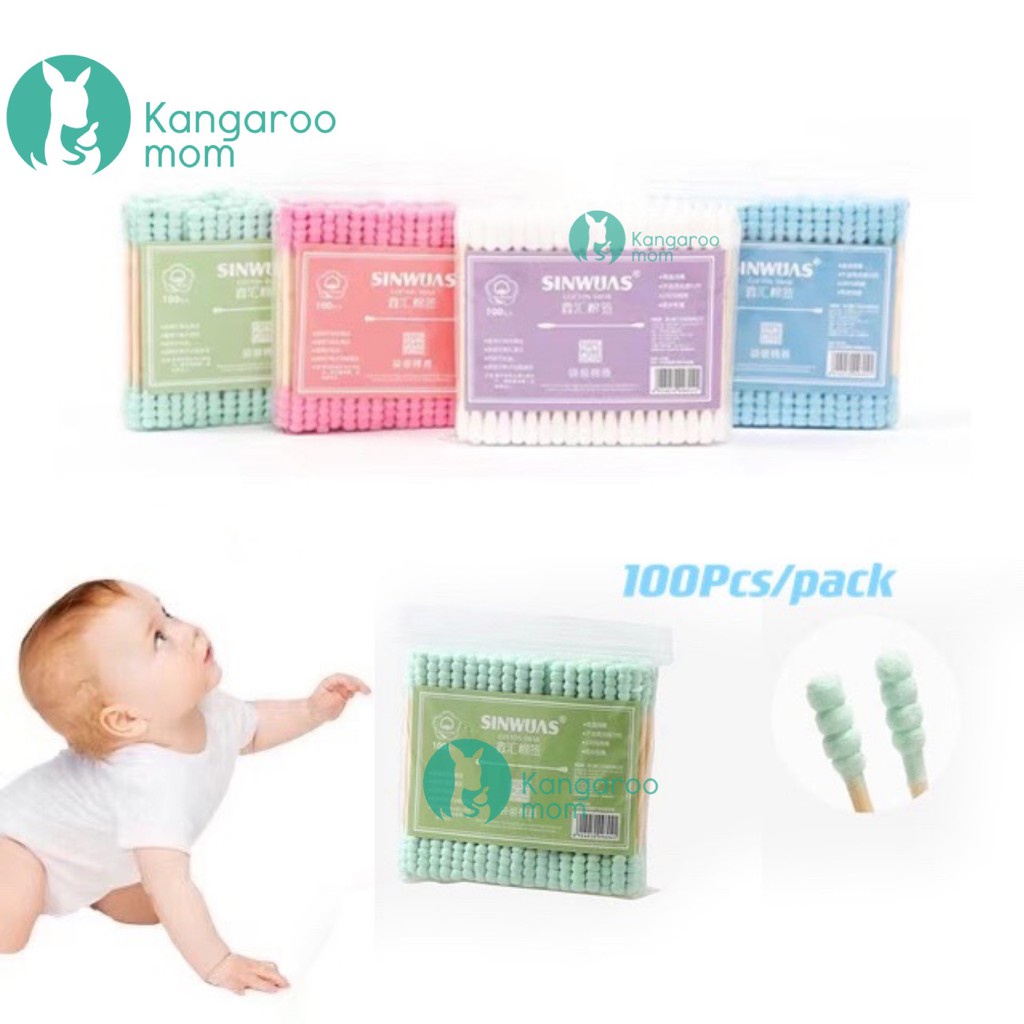 Kangaroomom 100pcs/pack Baby Cotton Swabs Thin Buds   Berwarna Ganda-Spiral Ujung Kapas  Sanitary Swab Small TOTALL