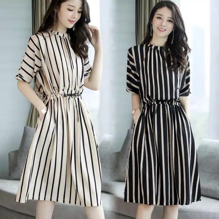 TBI Baju Wanita Midi Dress Import Model Pullover Stripe Corak Salur Korea Dress Korean Dress Style
