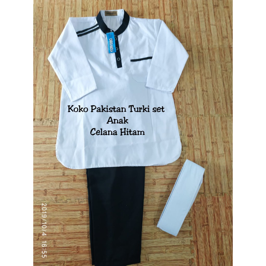 Koko Putih Anak Turki Set Celana Hitam / Koko Putih Panjang Celana Hitam Cahaya Maula Usia 2-13 Tahu