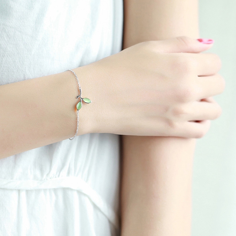 Gelang Tumpuk Bracelet Daun Opal Daun Muda Rantai Perak Versi Korea Perhiasan Bracelets Jewelry