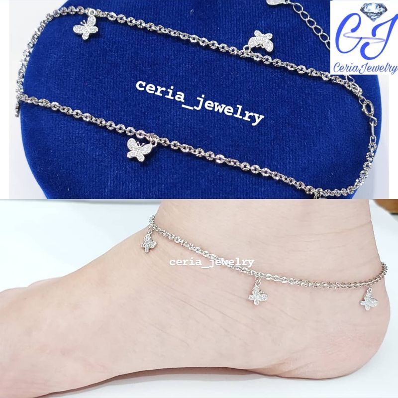 Gelang Kaki Perak Asli Silver 925 Lapis Emas Putih Model Nori Ukir - perhiasan perak wanita