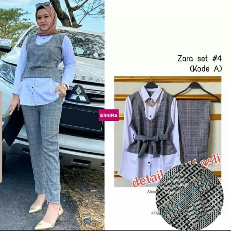Zara ST Set Stelan Atasan Celana Katun Kotak Moscrepe