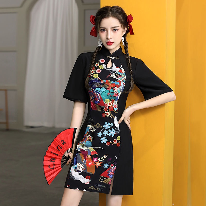 Guochao cheongsam 2022 new women's short young black improved dress inverted large sleeve Chinese wo