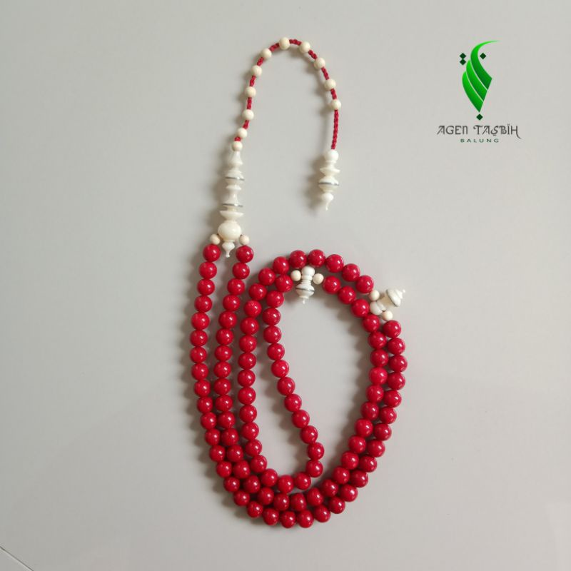 Tasbih Batu Coral Marjan Merah Red Coral Super, Kepala,Pembatas, Acc. Berbahan Tulang,  Meniran Kayu Timoho Alami Khas Kayu Langka Bertuah Nusantara