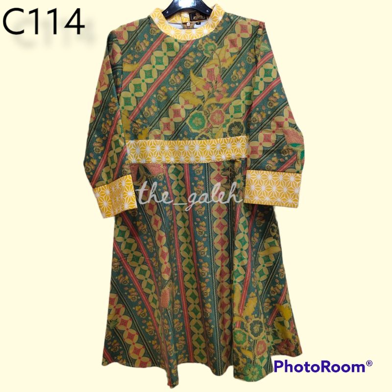 C114 Johanna Batik Baju Dress Tunik Hijau mix Kuning Bagus Murah