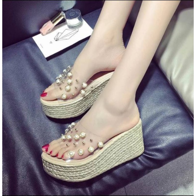 WEDGES SANDAL STUDD MIKA TRANSPARANY BENING SENDAL PESTA UNDANGAN MURAH SANTAI MODEL GUCCI IMPORT