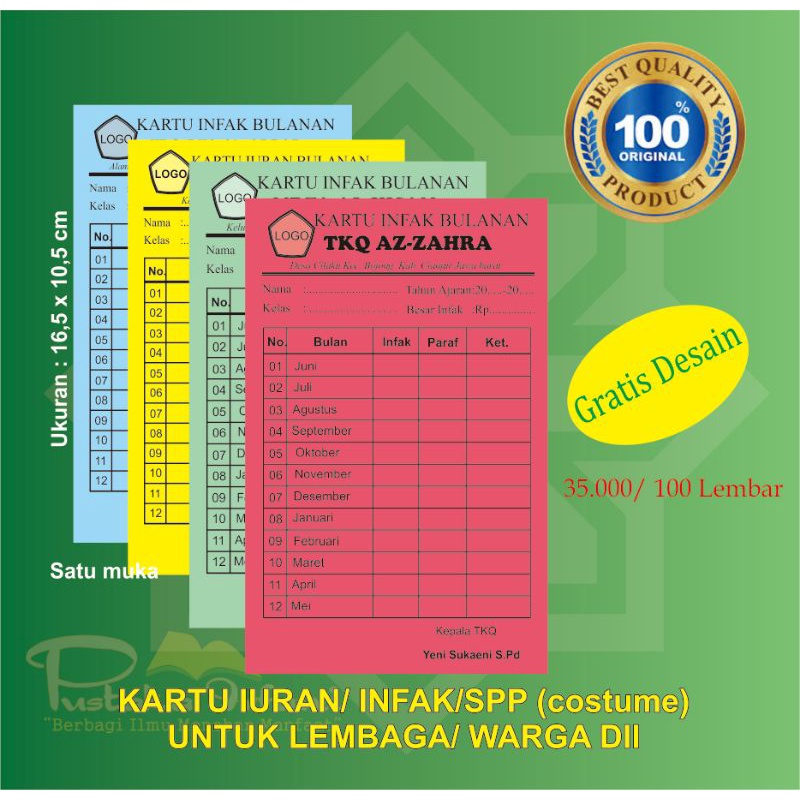

KARTU IURAN/INFAK/SPP COSTUME 1 Pak (25 Lembar)