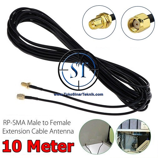 Kabel Extension Pigtail RP-SMA 10 Meter Male to Female Perpanjangan Coaxial RF Cord Connector RPSMA Cable Antenna Wi-Fi Wireless Router Panjang 10meter