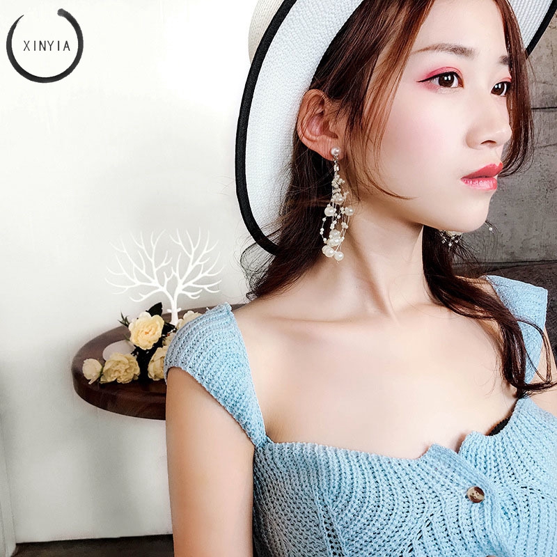 Anting Mutiara Korea String Geometris Mutiara Anting Rumbai Panjang