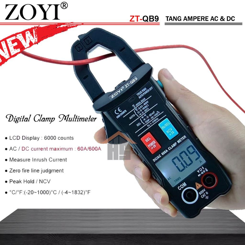 Zoyi ZT-QB9 Auto Range Clamp Meter Tang Ampere AC Dan DC Current 600A