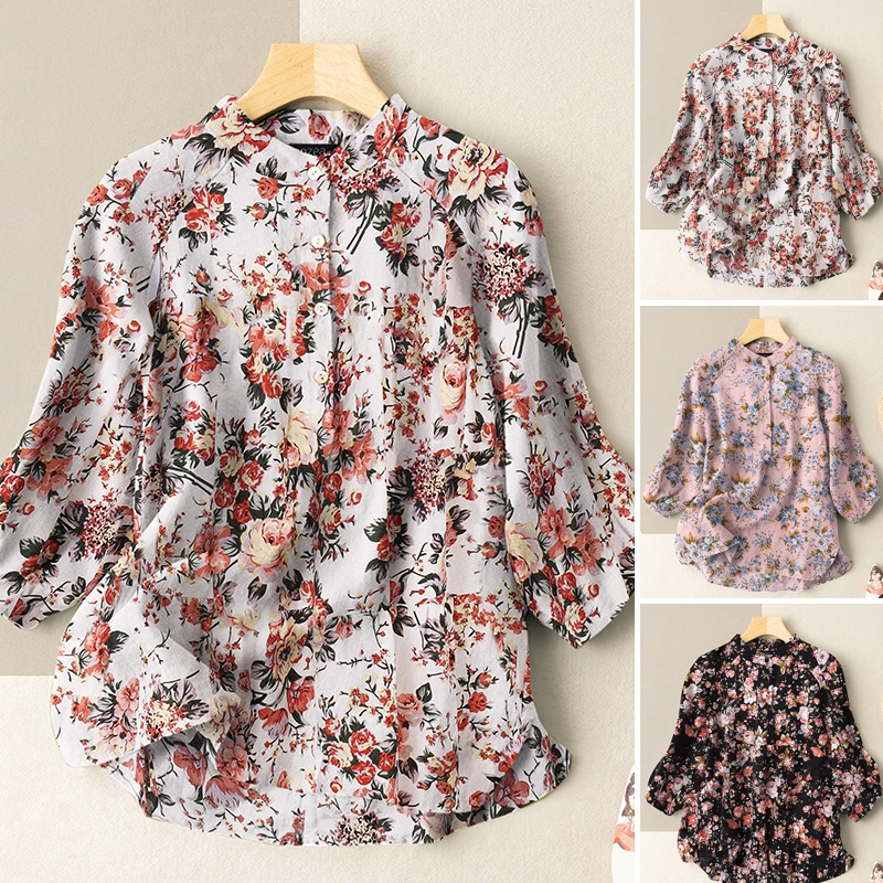 ZANZEA Women Street Fashion Floral Printing Casual Loose Half Sleeve O-Neck Blouse