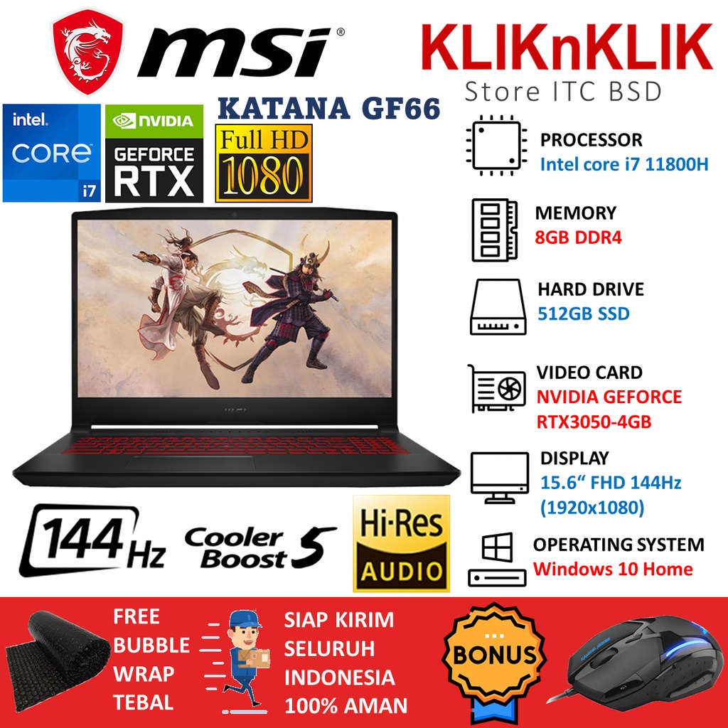 promo laptop gaming msi katana gf66 intel core i7 11800h ram 16gb ssd 512gb nvidia rtx3050 windows 1