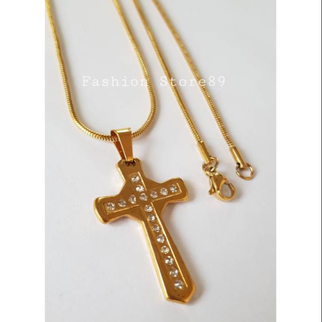 Kalung salib titanium gold full permata kalung salib wanita pria import antikarat KSx008