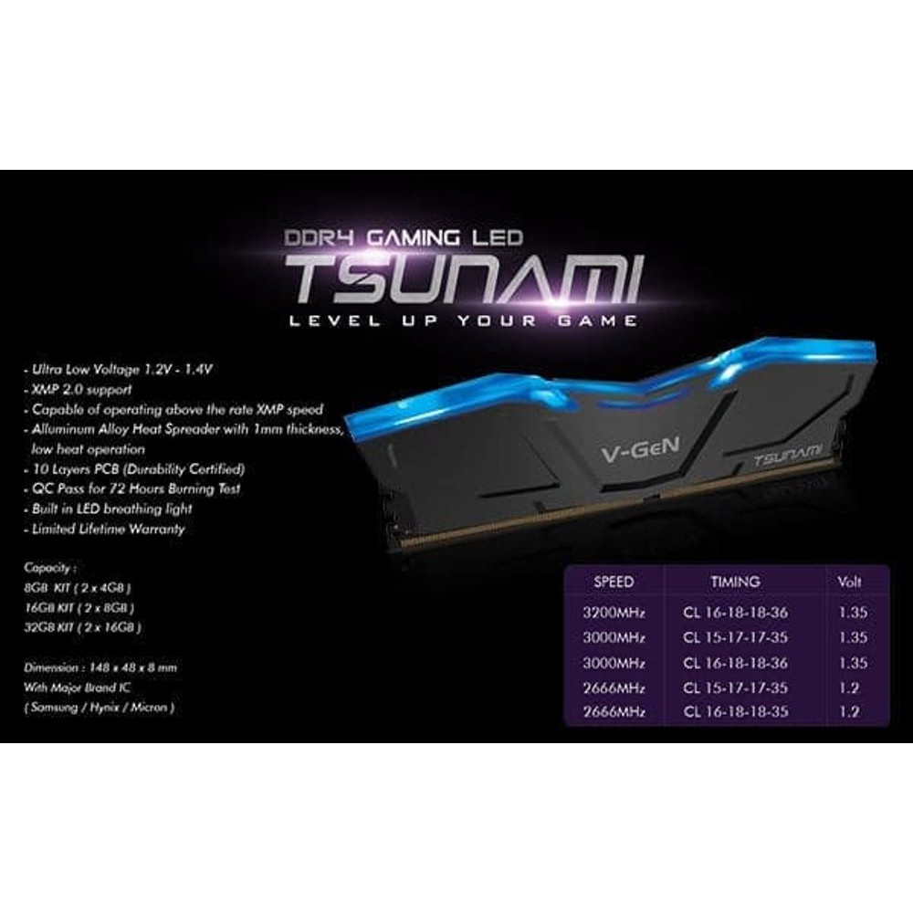 MEMORY KOMPUTER RAM V-GEN VGEN TSUNAMI LED DDR4 32GB PC 2666 CL15 1.2V Bagus