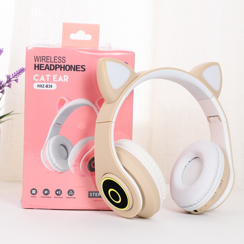 CAT EAR HEADPHONE KUCING HEADSET WIRELESS GAMING BASS BT CT-86 PINK BLUETOOTH HEADSET With LED Light