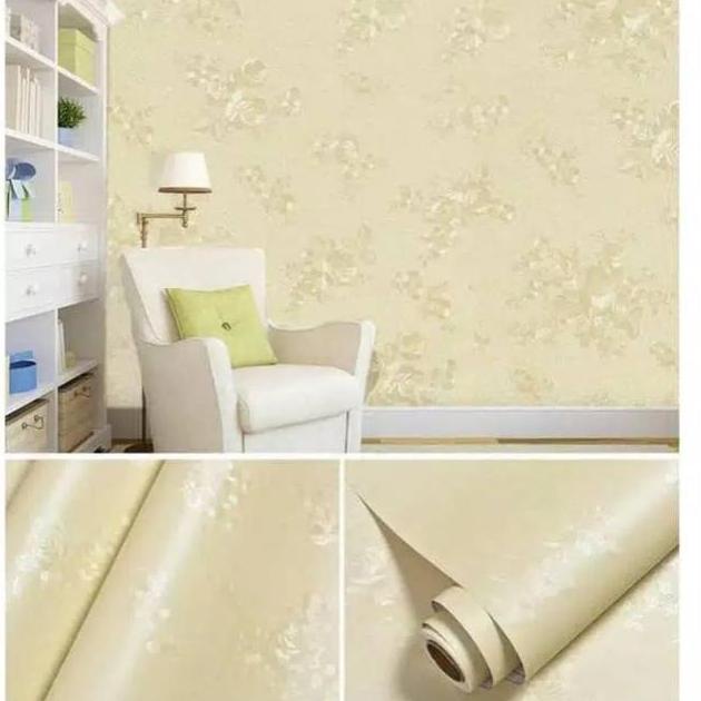 Wallpaper Dinding Kamar Tidur Ruang Tamu Wallpaper Sticker Dinding Krem Polos Tekstur Bunga Mewah