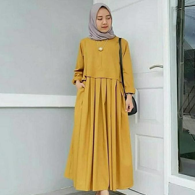 FASHION LK343 DRESS MUSLIM MEI LONG TUNIK BUSUI DMS 5 WARNA ALL SIZE FIT TO L  - BIRU MUDA BAHAN