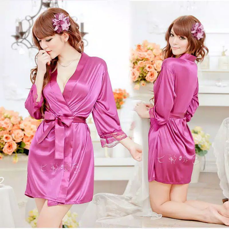 Lingerie Set Sexy G-string Model Kimono Bahan Satin Import