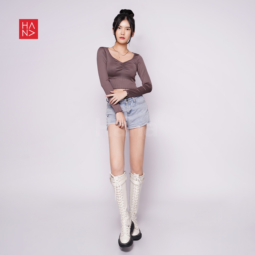 Hana Fashion - Mirae Knit Long Sleeve Crop Top Blouse Wanita - CT272