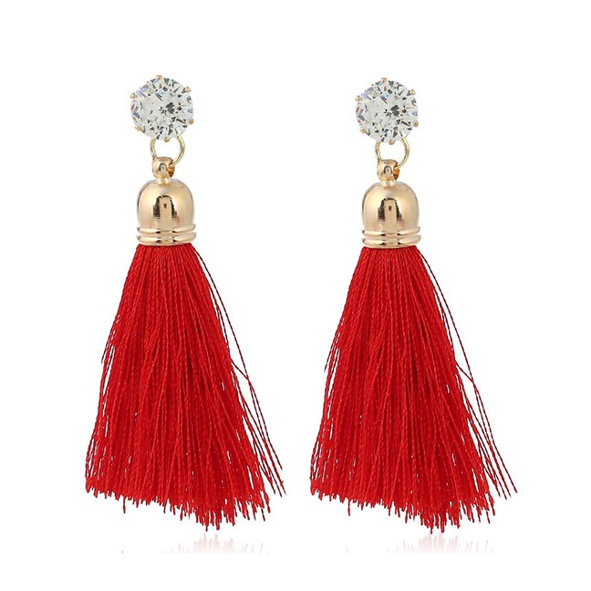 LRC Anting Tusuk Thin Trendy Diamond&amp;tassel Decorated Pure Color Simple Earrings