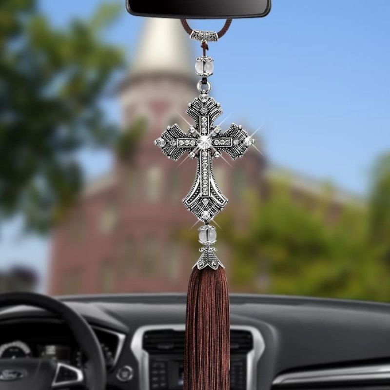 Gantungan Salib Yesus Kristen Bahan Metal Aksen Kristal Berlian Untuk Dekorasi Kaca Spion Mobil Car Crystal Cross Pendant Gantungan Pajangan Salib Spion Tengah Mobil