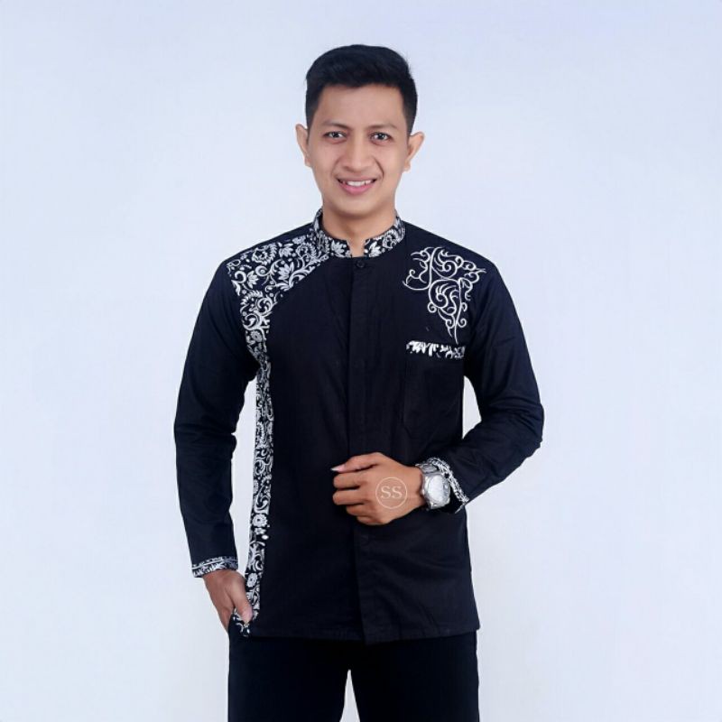 Baju Koko Batik Kekinian Lengan Panjang Kombinasi Koko Bordir Motif Batik Bahan Katun Oil Design Terbaru