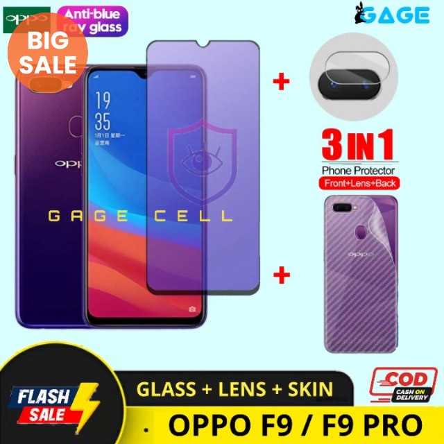 PAKET - 3IN1 TEMPERED GLASS ANTI RADIASI BLUE LIGHT OPPO F9 PRO TG ANTI FULL SCREEN GUARD