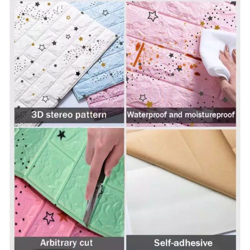 wallpaper dinding 3D foam//wallpaper dinding 3d bata motif star waterproof brick sticker