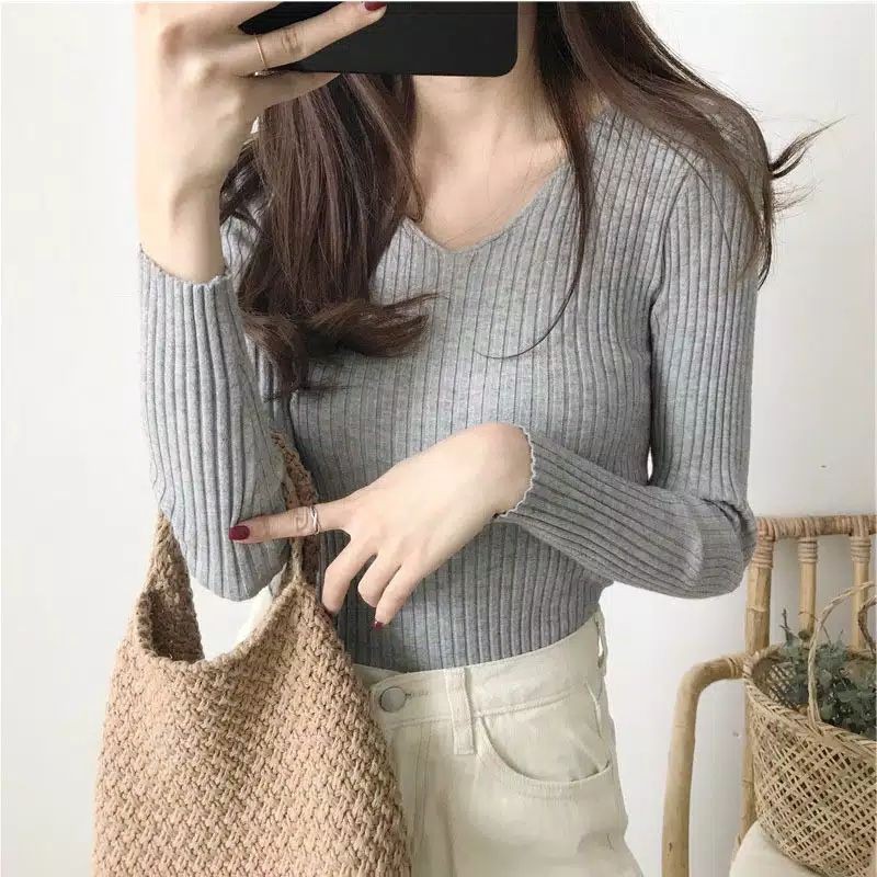 Sweater Rajut Wanita kerah V neck Korea lengan panjang Atasan Wanita Knit Premium Tebal