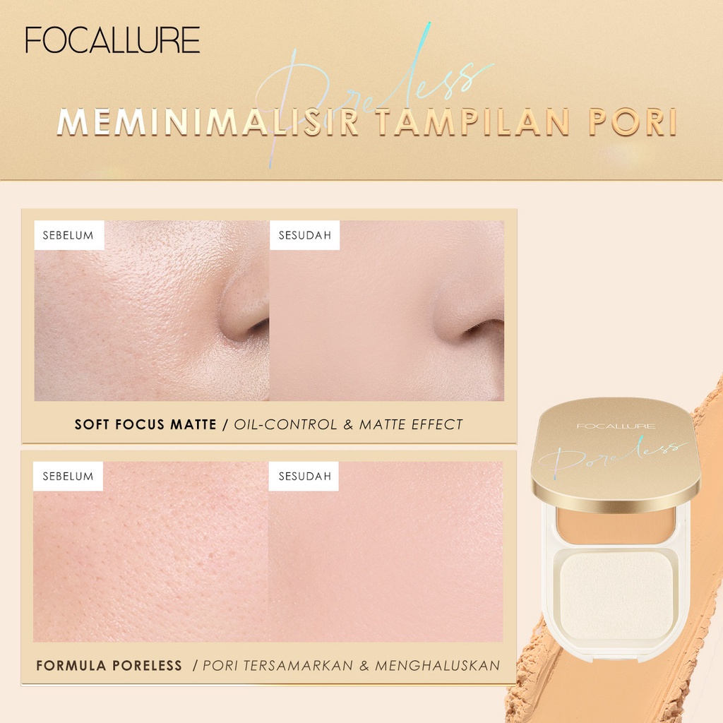 FOCALLURE #GoldenAge Lasting Poreless Bedak Padat Compact Powder Waterproof Matte Pressed Powder- Up to 12 Hours